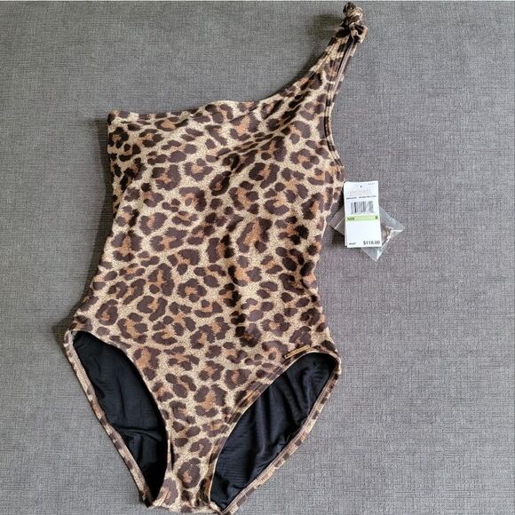 Michael Kors Women Tan Brown Leopard Print knotted one Shoulder Swimsuit sz 8 - Picture 13 of 16